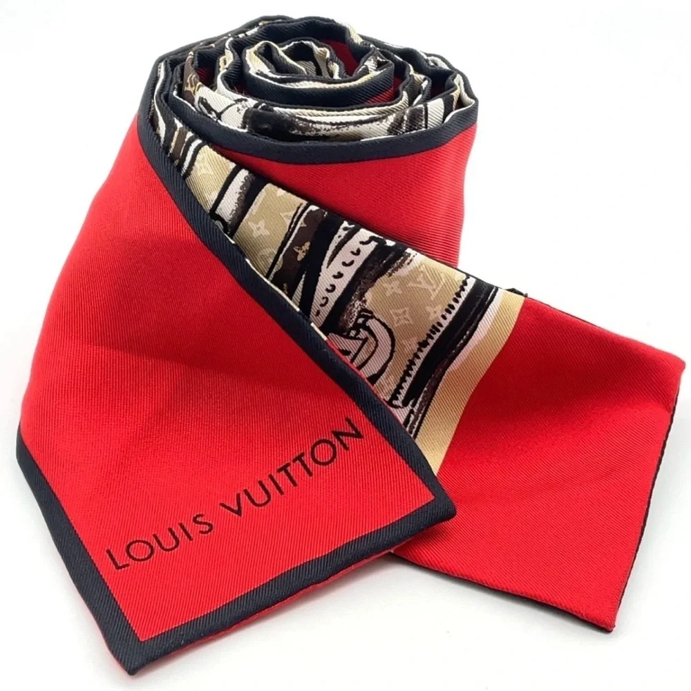 Auth Louis Vuitton Twilly Monogram Bandeau Red Silk Scarf/WB